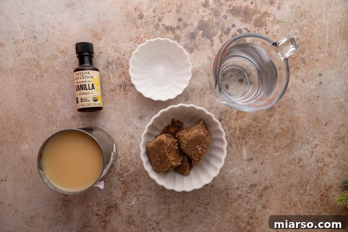Ingredients on the counter. Dark brown sugar, sweetened condensed milk, vanilla extract, salt, and water arranged on a countertop.
