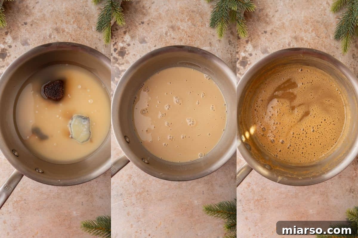 Step-by-step process of making Sauce, mixture melting, simmering, and thickened caramel in saucepan