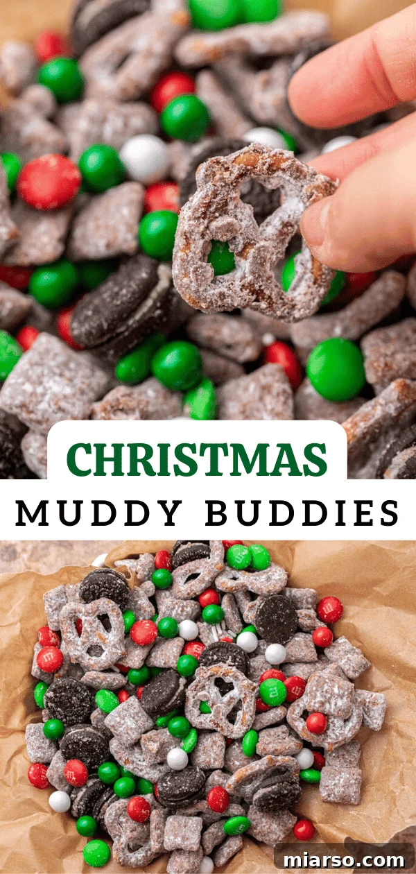 Christmas muddy buddies in a festive bowl
