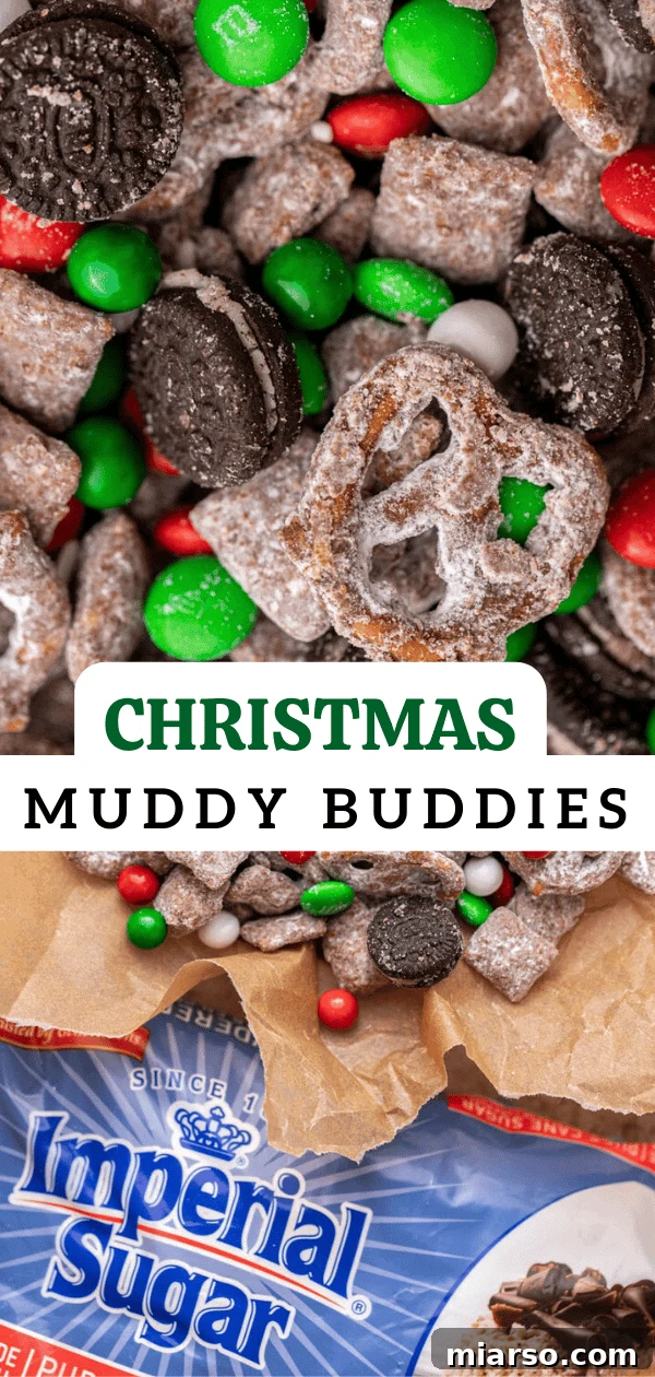 Close-up of Christmas muddy buddies with M&M's
