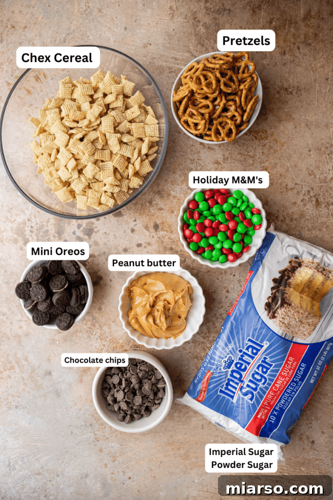 Ingredients for Christmas Muddy Buddies laid out on a counter