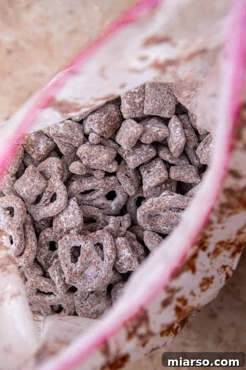 Puppy chow being shaken in a plastic bag with powdered sugar