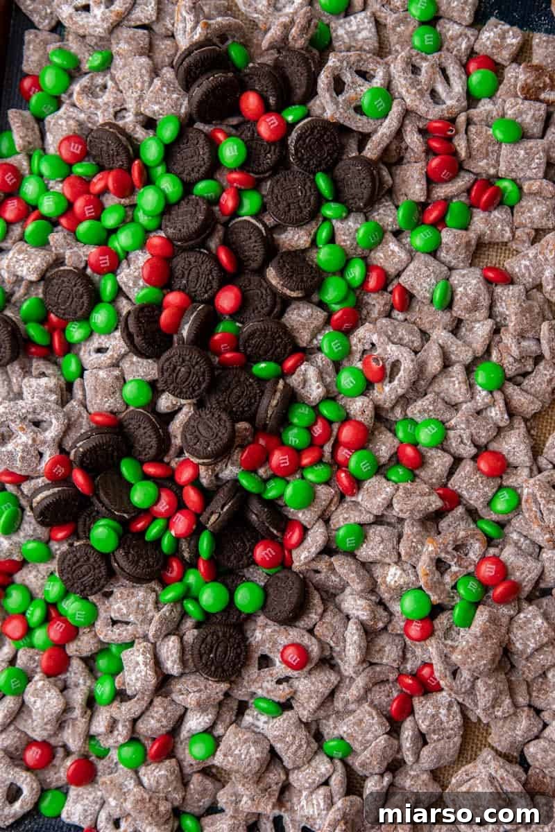 Muddy buddies with colorful mix-ins, like M&M's and mini Oreos