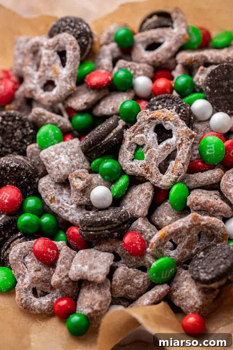 Close up of the finished Christmas puppy chow