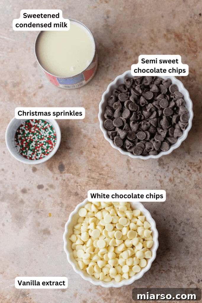 Holiday Showstopper Layered Fudge 4 Ingredients for Christmas fudge displayed on a kitchen counter