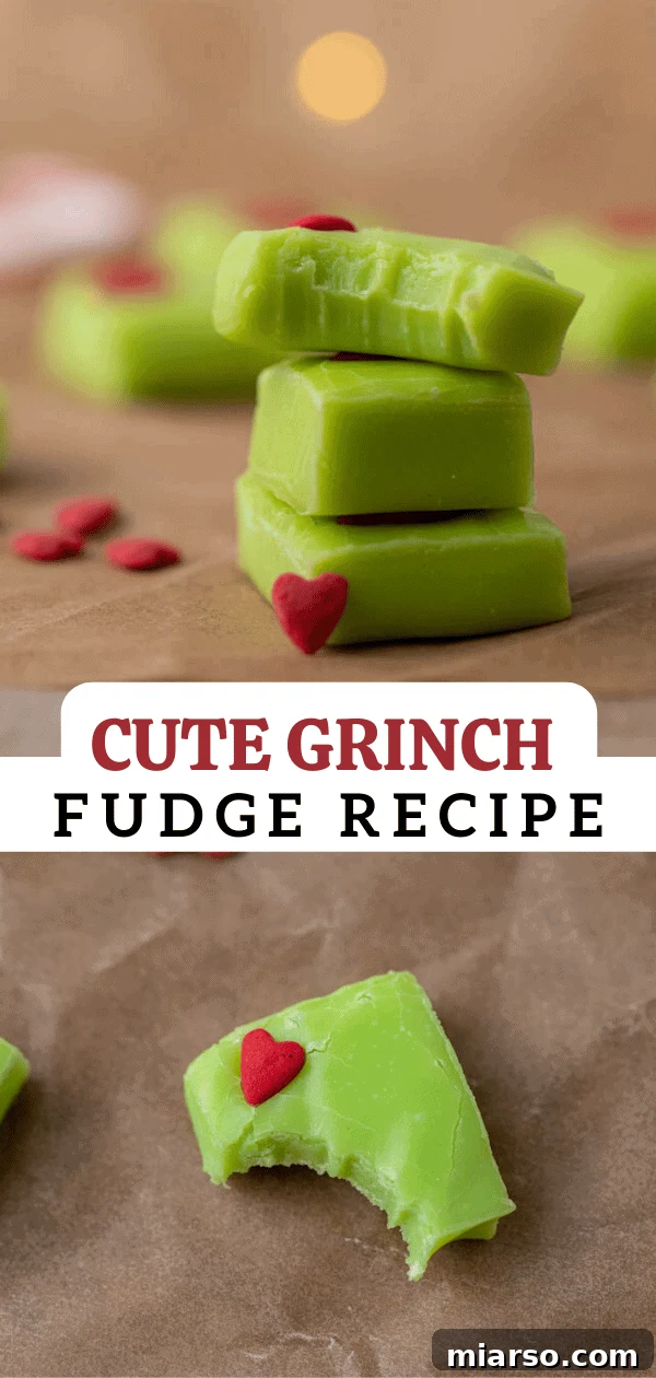 Grinch's Heart-Melting Fudge 12 A beautifully styled Pinterest pin image for Grinch fudge, showcasing the vibrant green color and red heart sprinkles, with bold text overlay.