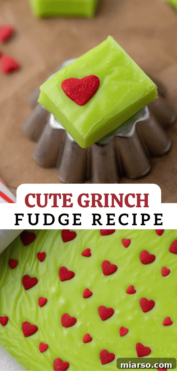 Grinch's Heart-Melting Fudge 13 Another enticing Pinterest pin image for Grinch fudge, highlighting the creamy texture and festive appeal of the holiday dessert.