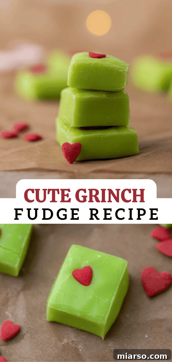 Grinch's Heart-Melting Fudge 14 A final, captivating Pinterest pin image for Grinch fudge, featuring close-up details of the sprinkles and the inviting green hue, perfect for holiday baking inspiration.