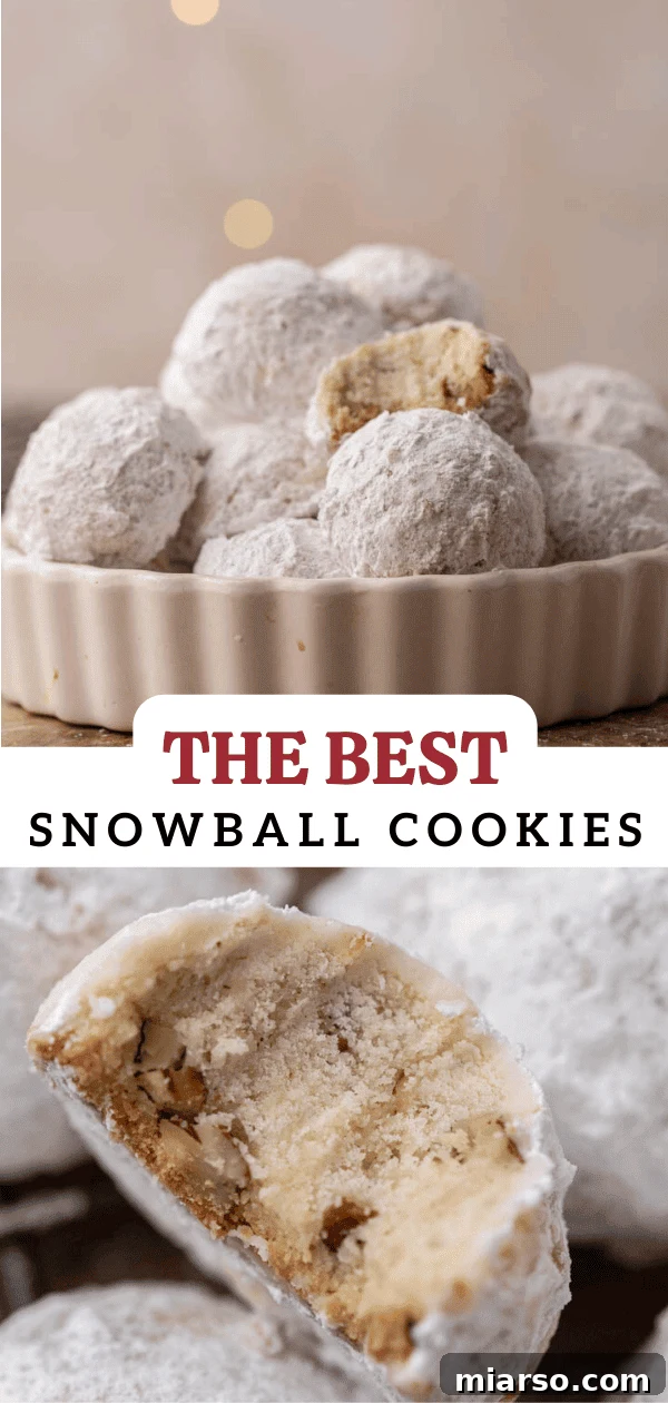 Melt-in-Your-Mouth Snowball Perfection 16 Close-up of three snowball cookies, highlighting their crumbly texture and sweet powdered sugar finish.