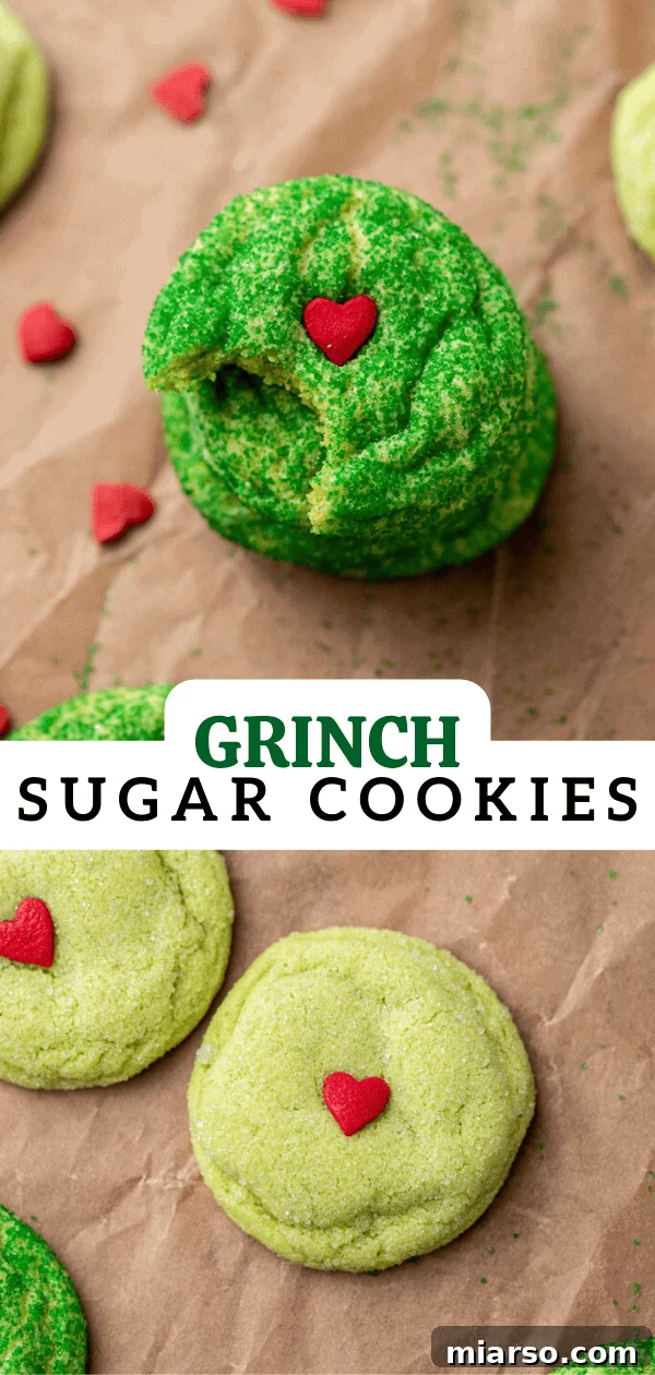 Grinch's Heart-Melting Sugar Cookies 18 Pinterest graphic: Close-up of Grinch cookies, ideal for holiday dessert boards