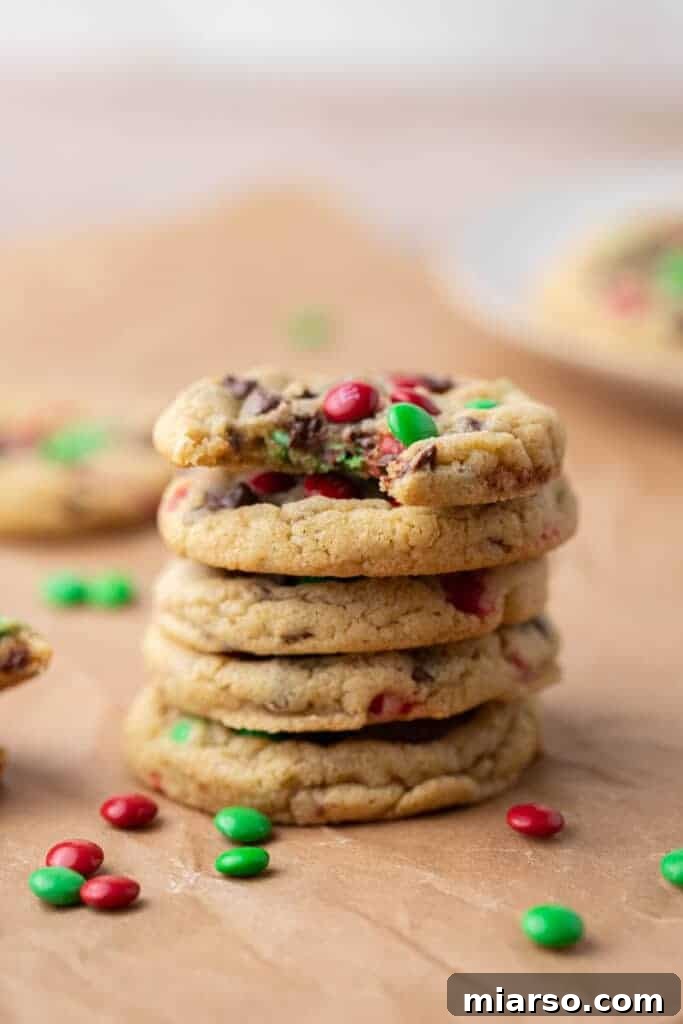 Ultimate Holiday M and M Chocolate Chip Cookies 4 Stack of Christmas m&m's chocolate chip cookies