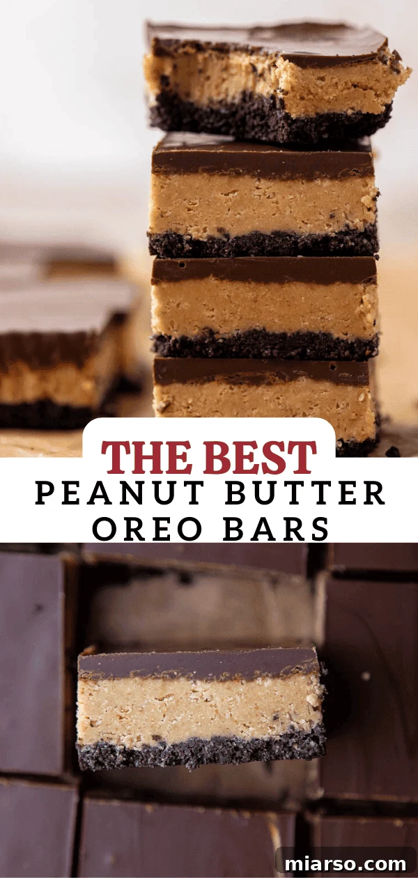 No-Bake Peanut Butter Oreo Bars 15 Peanut butter Oreo bars on a serving plate