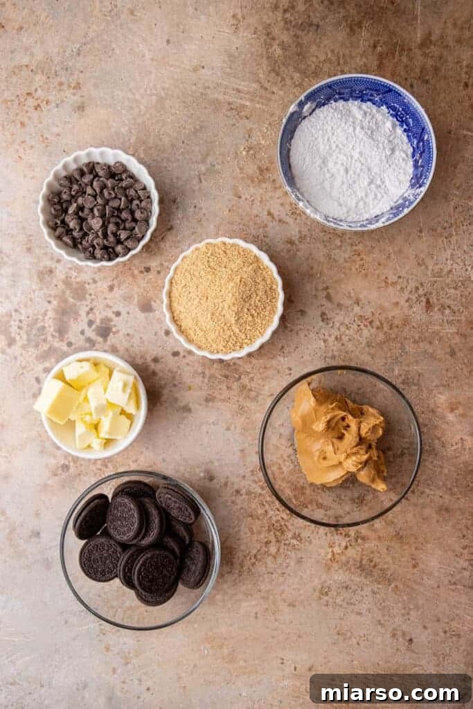 No-Bake Peanut Butter Oreo Bars 4 Ingredients on the counter for peanut butter Oreo bars