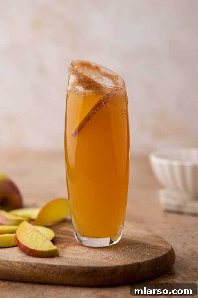 Sparkling 5-Minute Apple Cider Mimosas 5 Close-up shot of an apple cider mimosa glass with a cinnamon sugar rim.