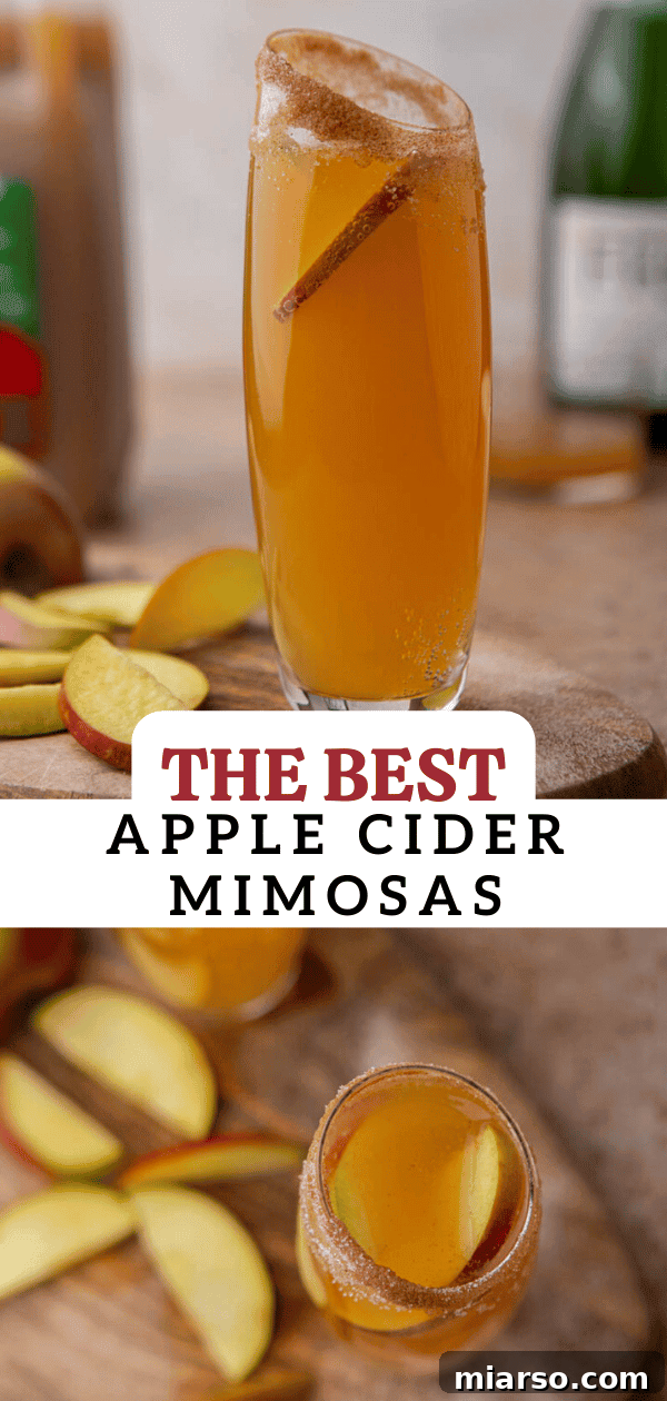 Sparkling 5-Minute Apple Cider Mimosas 8 Apple cider mimosas in elegant glasses, garnished beautifully for a festive occasion.