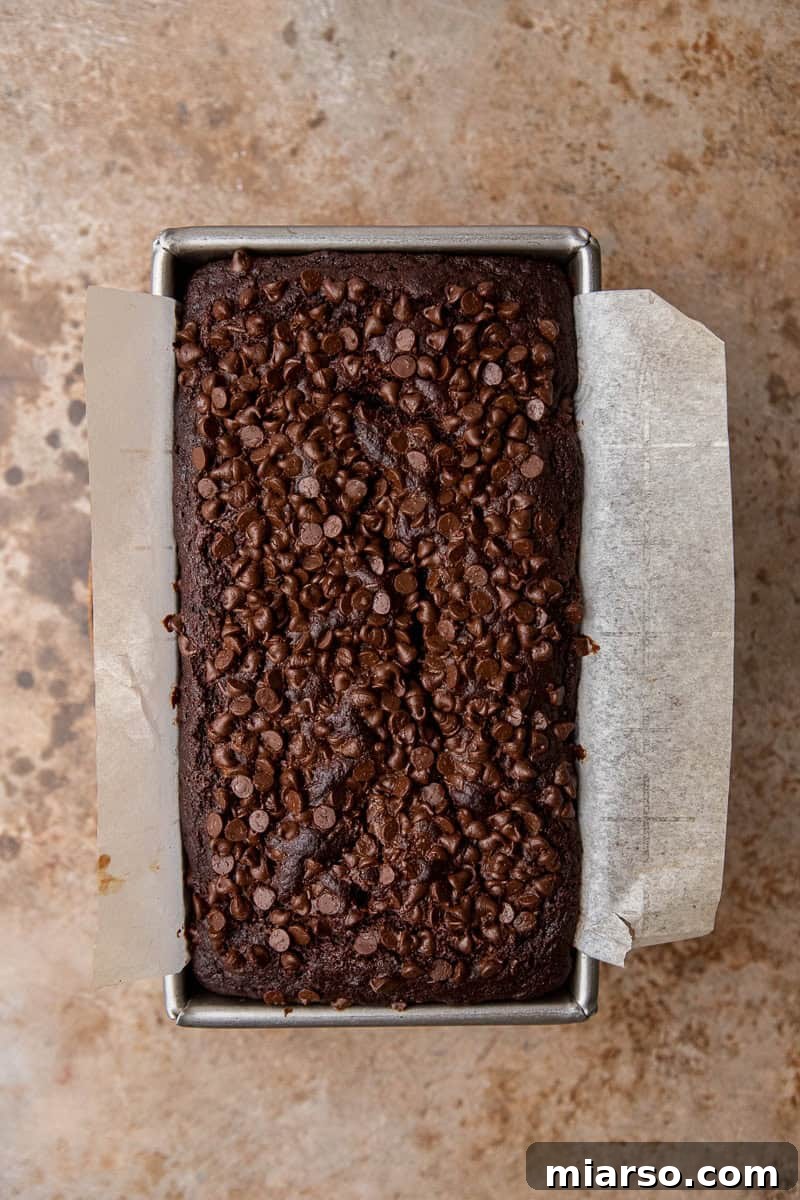Decadent Double Chocolate Banana Bread 8 Baked banana bread in a loaf pan