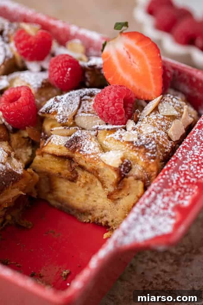 Brioche french toast casserole sliced into individual portions.