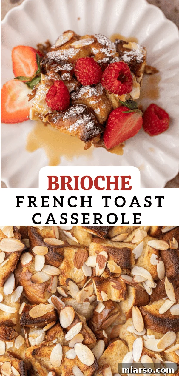 Overhead view of a rectangular baked brioche french toast casserole in a baking dish.