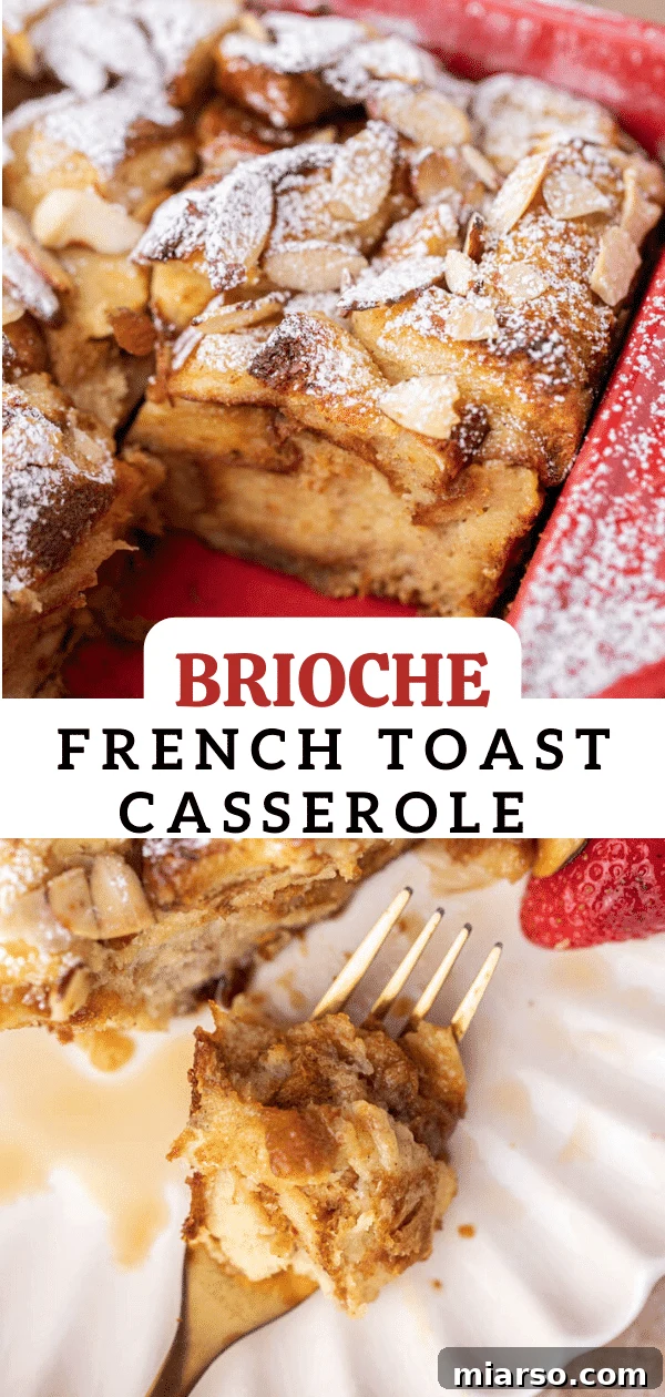 Styled image of a slice of brioche french toast casserole, with the full dish blurred in the background.