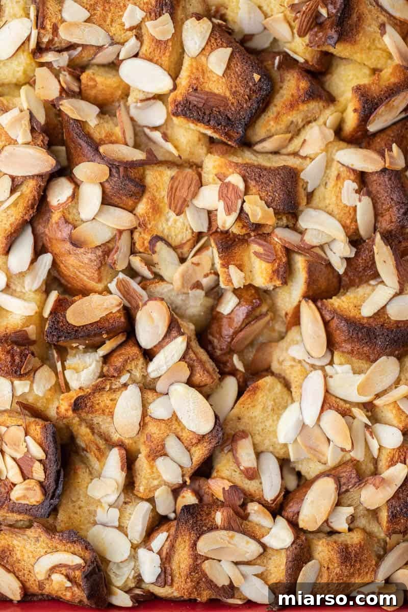 Freshly baked brioche French toast casserole, golden brown and bubbly.
