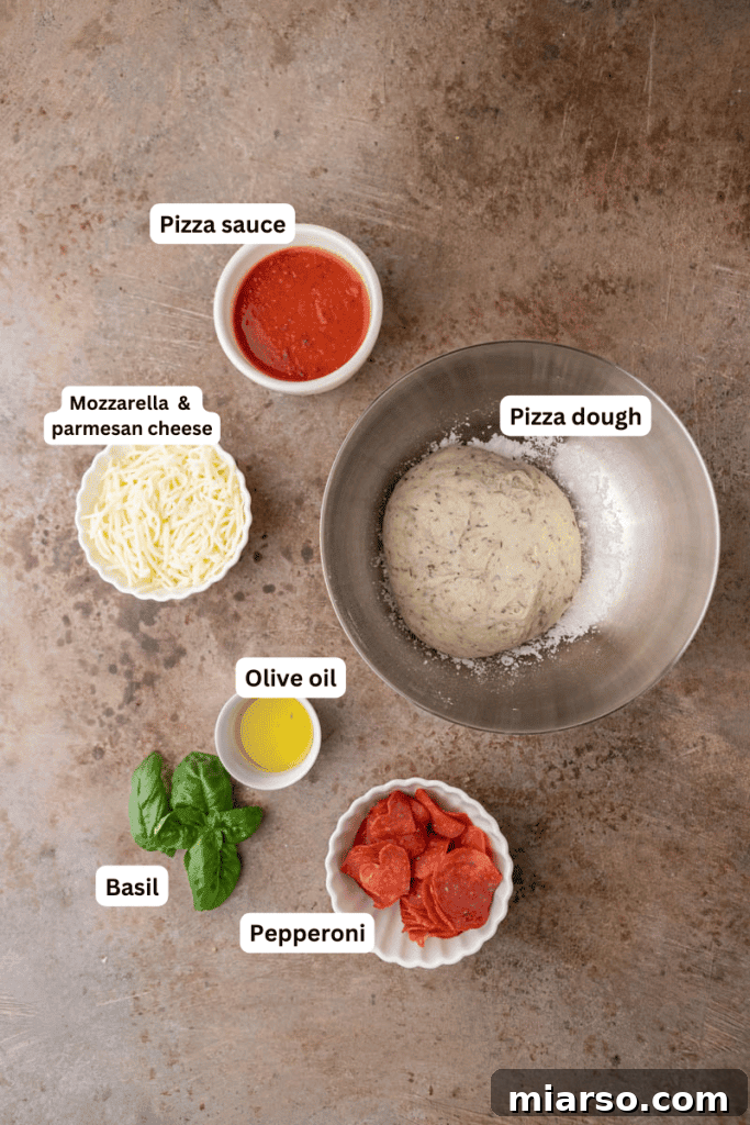 Fresh ingredients for homemade heart-shaped pizza laid out on a counter