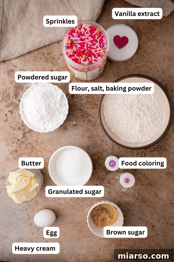 Sweetheart Sugar Cookie Bars 3 Ingredients for sugar cookie bars laid out on a kitchen counter