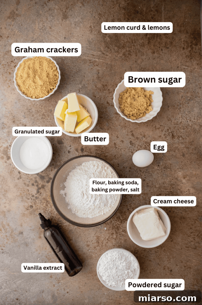Luscious Lemon Crumbl Cheesecake Cookies 3 Ingredients for lemon cheesecake cookies laid out on a kitchen counter