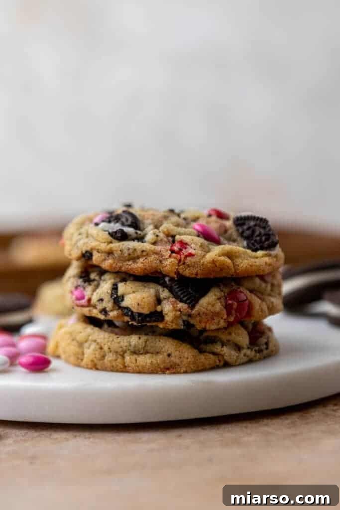 Valentine's day Oreo M&M's cookies stacked