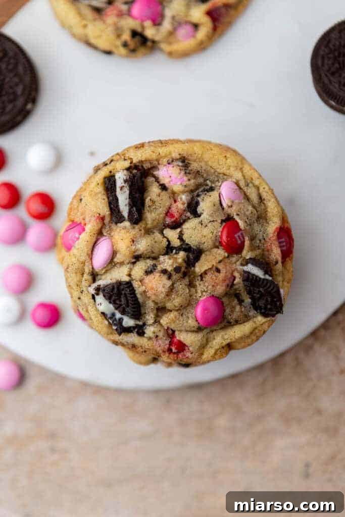 Overhead shot of Valentine's day Oreo M&M's cookies