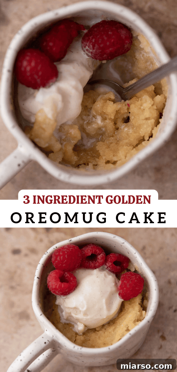 Molten Gold Oreo Mug Cake: Just 3 Ingredients 11 Pinterest collage featuring images of Golden Oreo mug cakes for pinning.