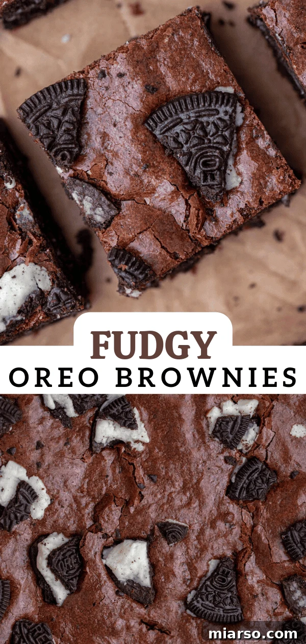 Decadent Oreo Fudge Brownies 15 A top-down shot of irresistible fudgy Oreo brownies, perfect for pinning.