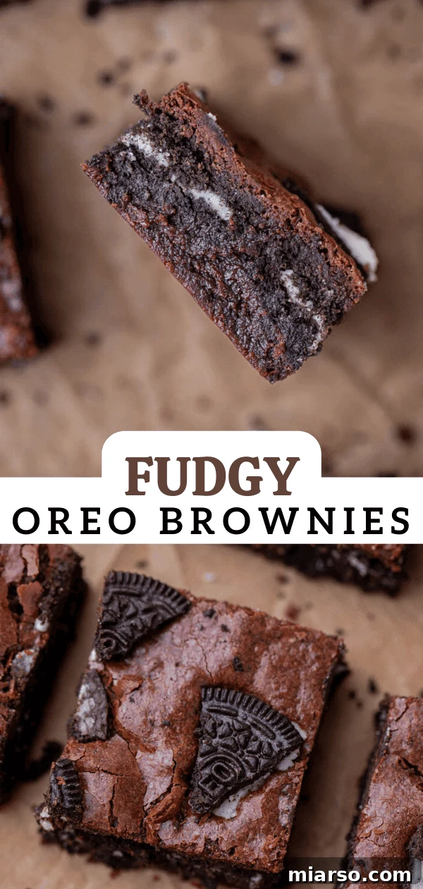 Decadent Oreo Fudge Brownies 16 Close-up of a generous slice of fudgy Oreo brownies with a delicious crinkly top and embedded cookies.