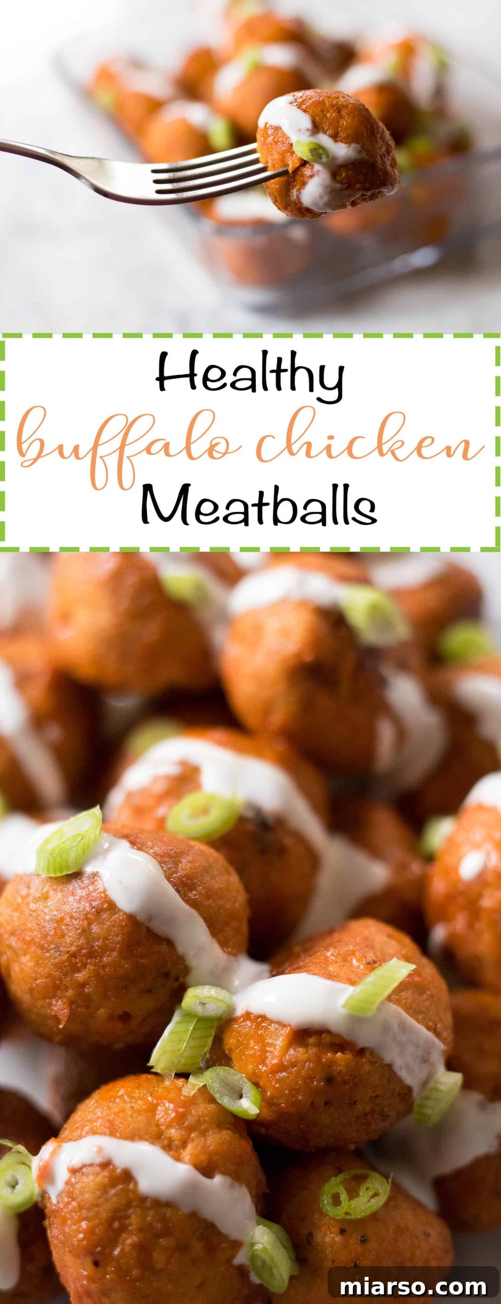 Vertical Pinterest image for healthy baked buffalo chicken meatballs recipe