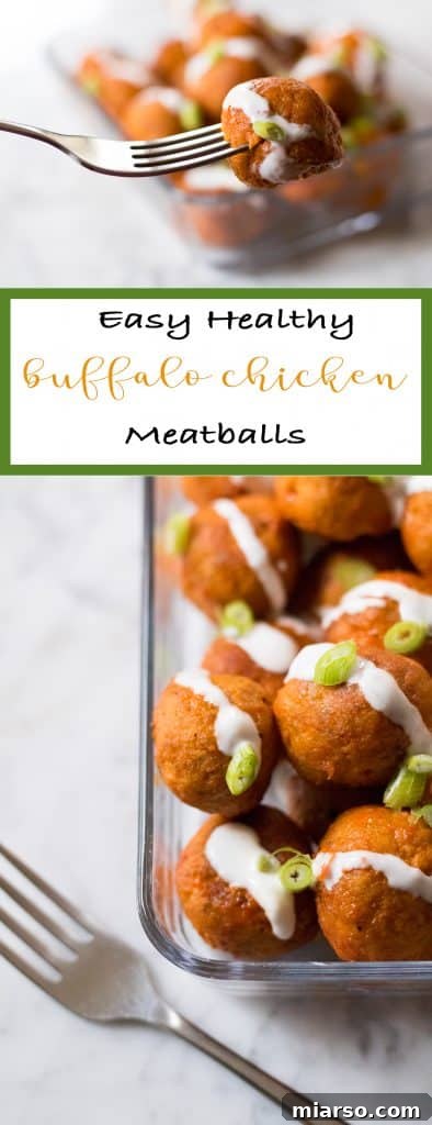 Pinterest optimized image for easy healthy buffalo meatballs, featuring ingredients and finished dish.