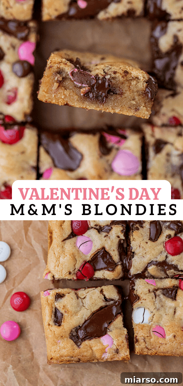 Close-up of a chewy blondie bar with M&M's and melted chocolate chunks, a perfect holiday treat