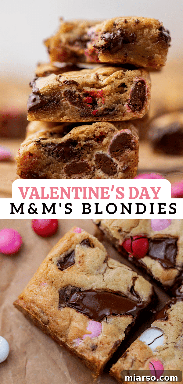 Valentine's Day M&M's blondies arranged beautifully on a plate, ready to be enjoyed