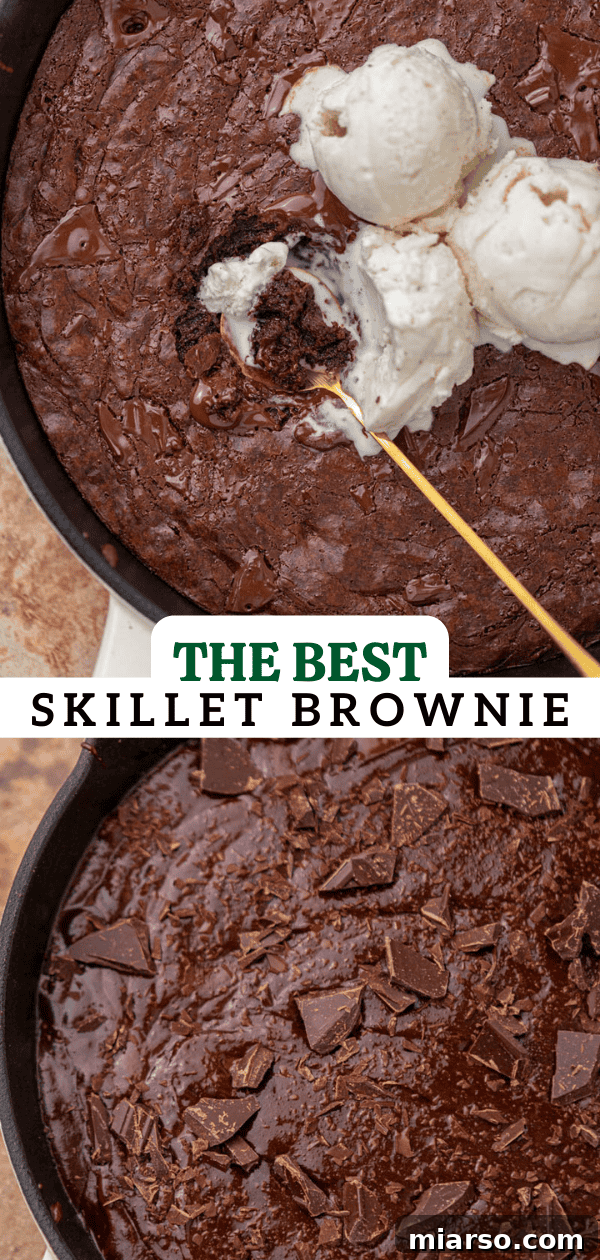 Another enticing view of the skillet brownie, highlighting its rich texture and topping potential.