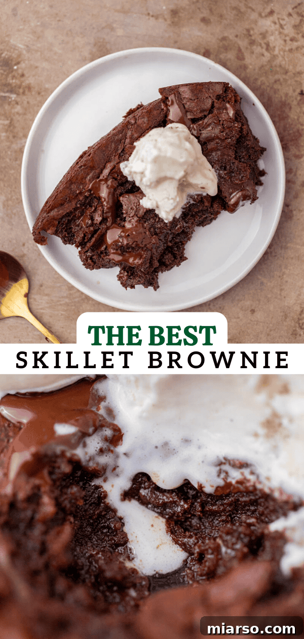 A close-up of a warm skillet brownie, promising gooey deliciousness.