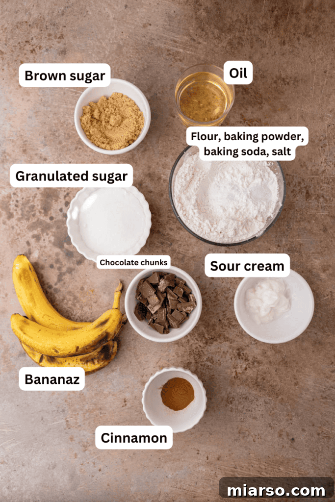 Various ingredients for eggless banana bread laid out on a kitchen counter