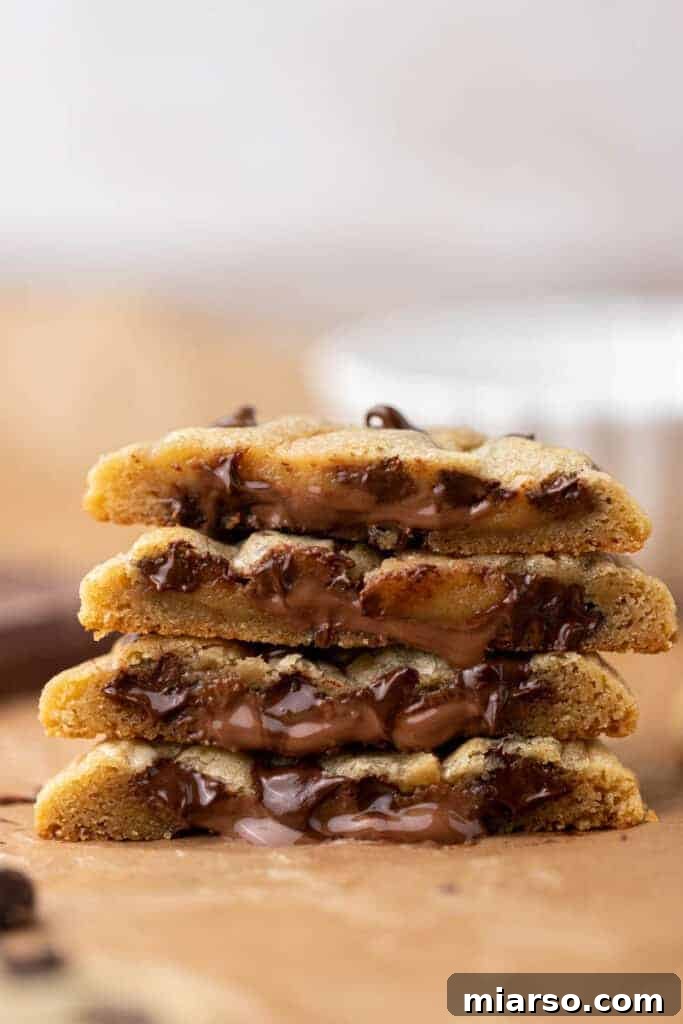 Stack of warm chocolate stuffed chocolate chip cookies