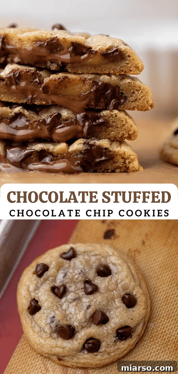 Pinterest collage photo featuring chocolate stuffed chocolate chip cookies recipe