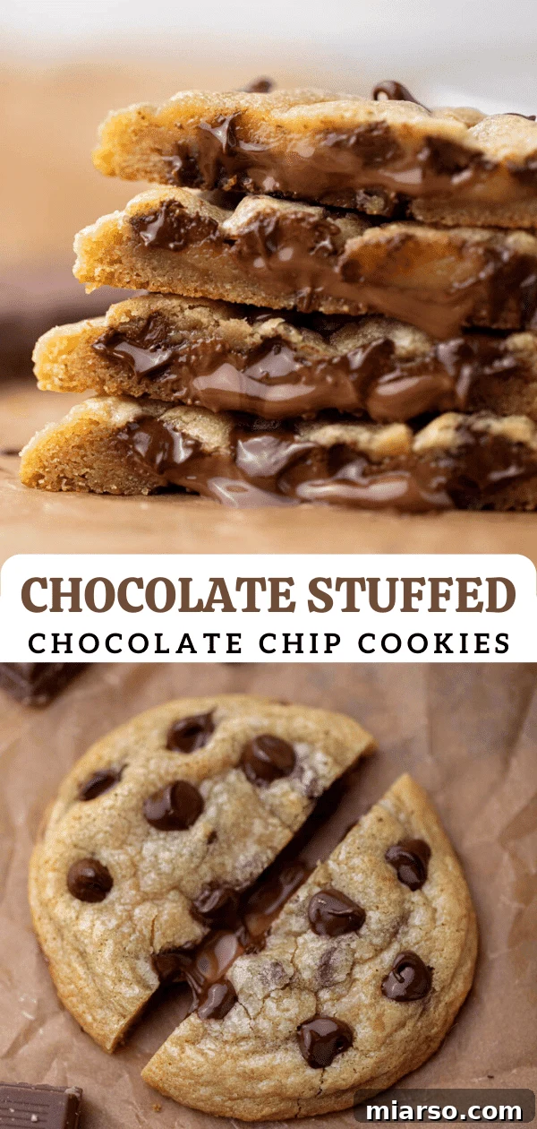 Close-up of chocolate stuffed chocolate chip cookies for Pinterest