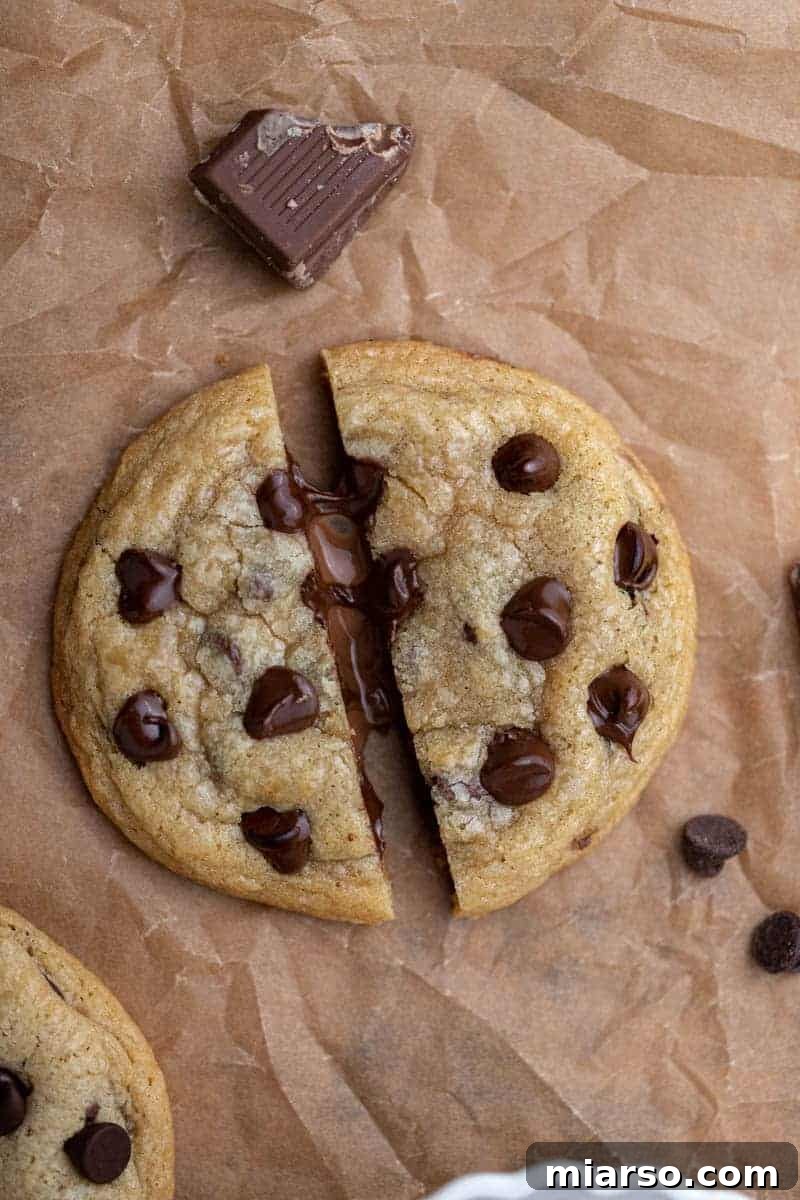 Close-up of a warm chocolate chip cookie with molten chocolate oozing out