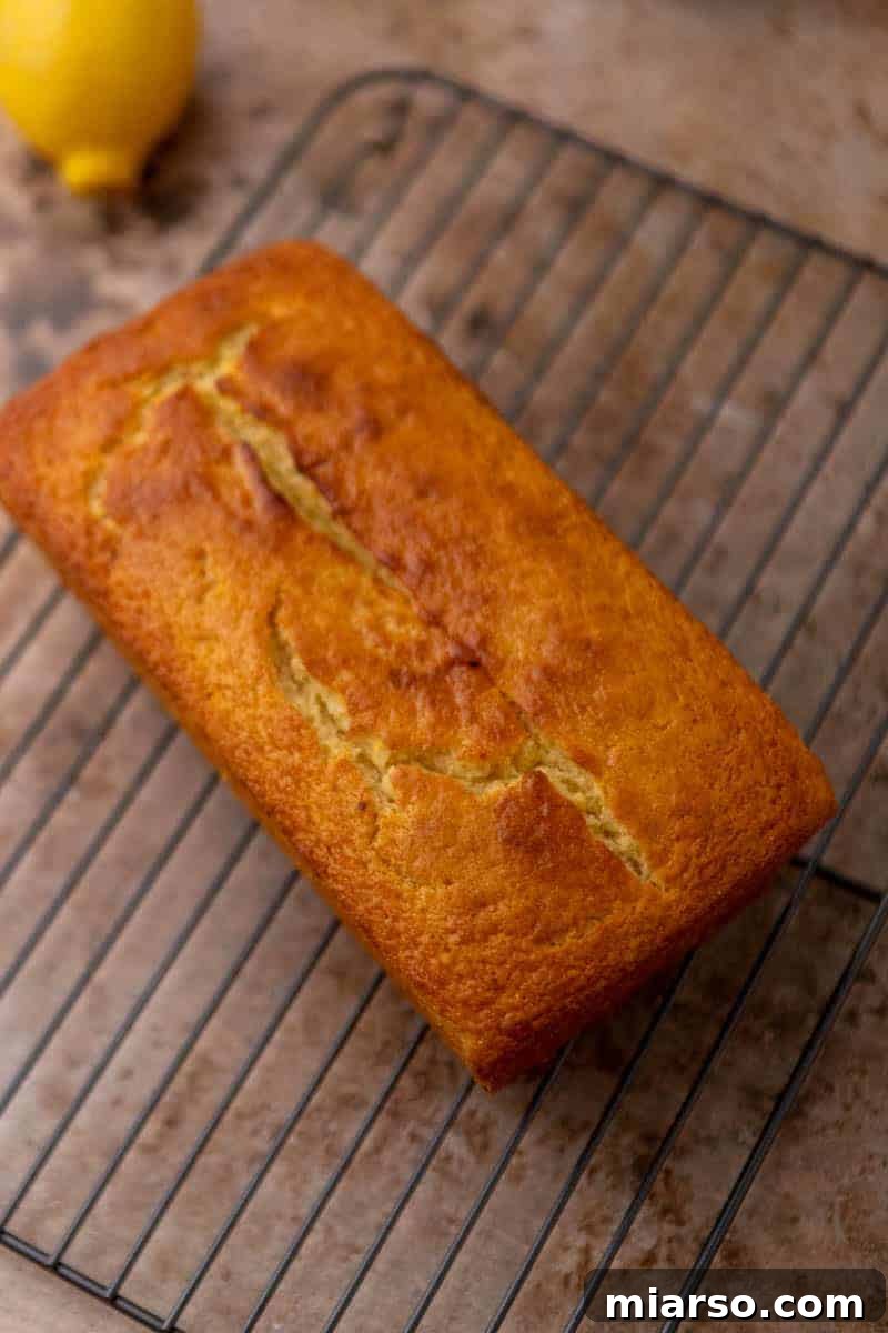 A baked lemon loaf cake cooling on a wire rack.