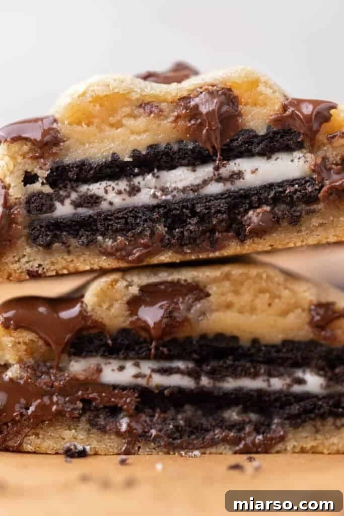 Oreo Stuffed Chocolate Chip Cookies Made Simple 2 Close up of irresistibly thick Oreo stuffed chocolate chip cookies, showcasing the delightful layers of chewy cookie and classic Oreo filling.
