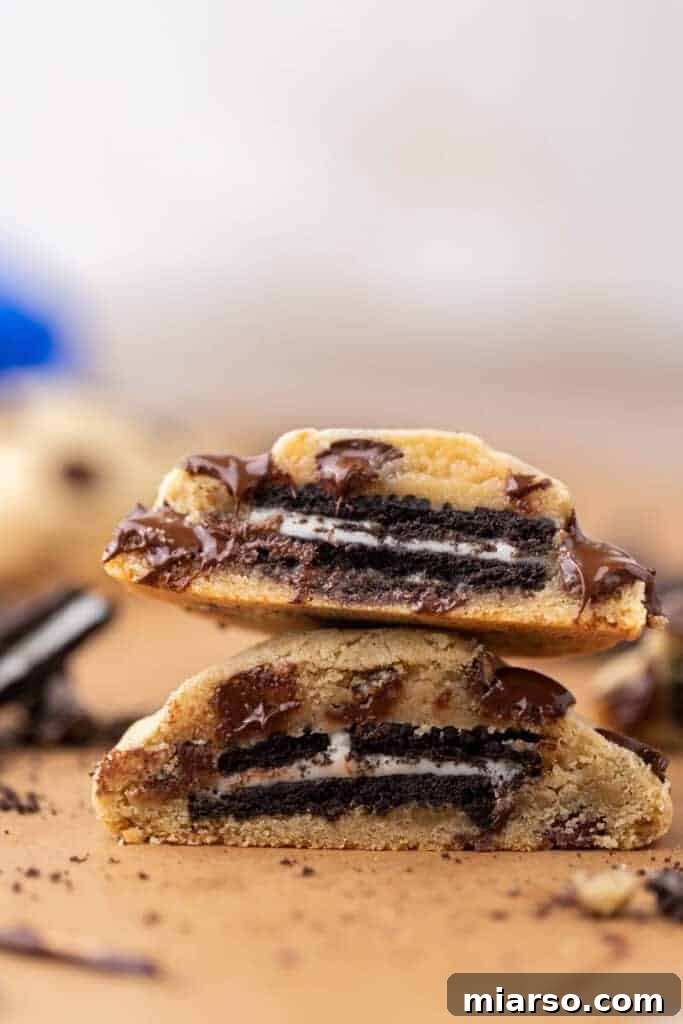 Oreo Stuffed Chocolate Chip Cookies Made Simple 12 A beautifully arranged stack of golden-brown Oreo chocolate chip cookies, highlighting their thick and inviting appearance.