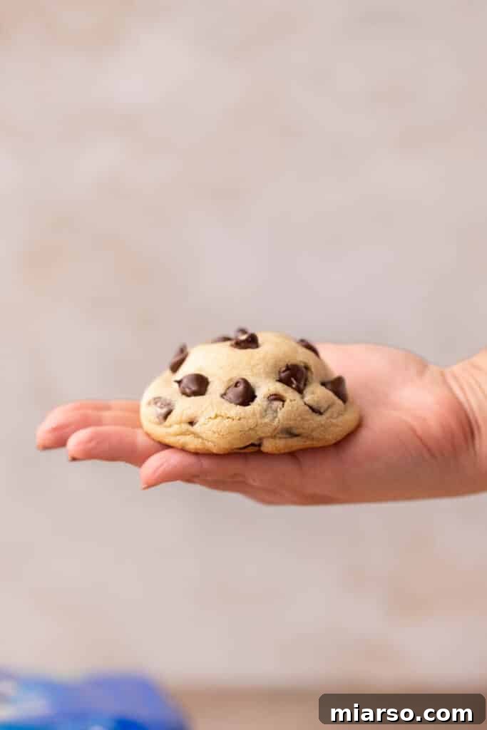 Oreo Stuffed Chocolate Chip Cookies Made Simple 13 A hand holding a thick, freshly baked Oreo stuffed chocolate chip cookie, ready to be devoured.