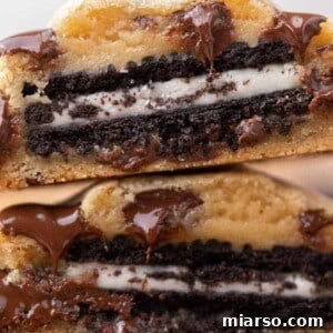 Close up of a warm, irresistible Oreo stuffed chocolate chip cookie