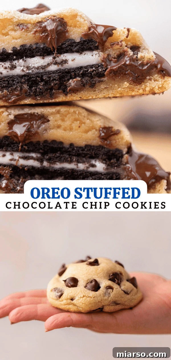Oreo Stuffed Chocolate Chip Cookies Made Simple 17 An enticing close-up of an Oreo stuffed chocolate chip cookie, ideal for a Pinterest save.