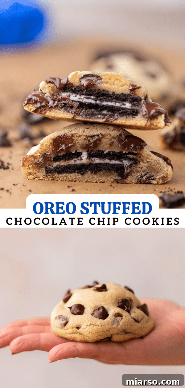 Oreo Stuffed Chocolate Chip Cookies Made Simple 18 A stack of delicious Oreo stuffed chocolate chip cookies, perfect for pinning to your dessert board.